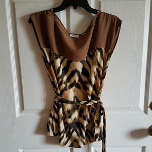 New York & Co animal print brown blouse top tied M